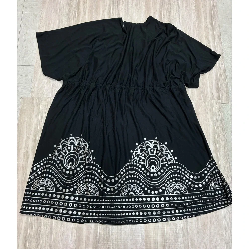 Swimsuits For All Black Silver Metallic Foil Medallion Swim Cover Up Dress 34/36 - Picture 4 of 4